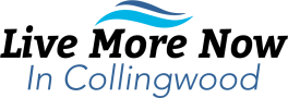 Text logo reads Live More Now In Collingwood with blue wave graphics above the words.
