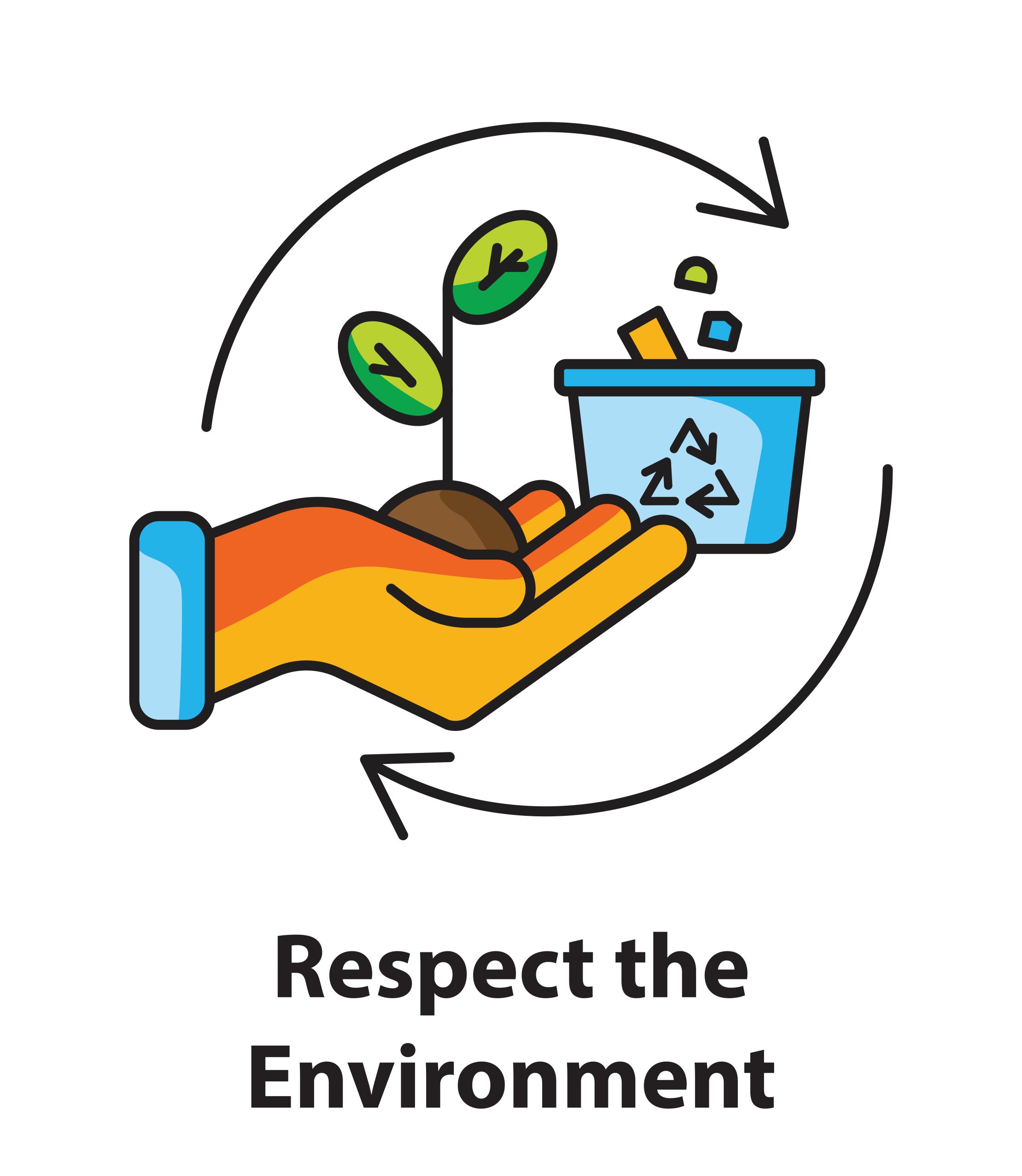 A hand holds a sprout, pointing toward a recycling bin, with text Respect the Environment.