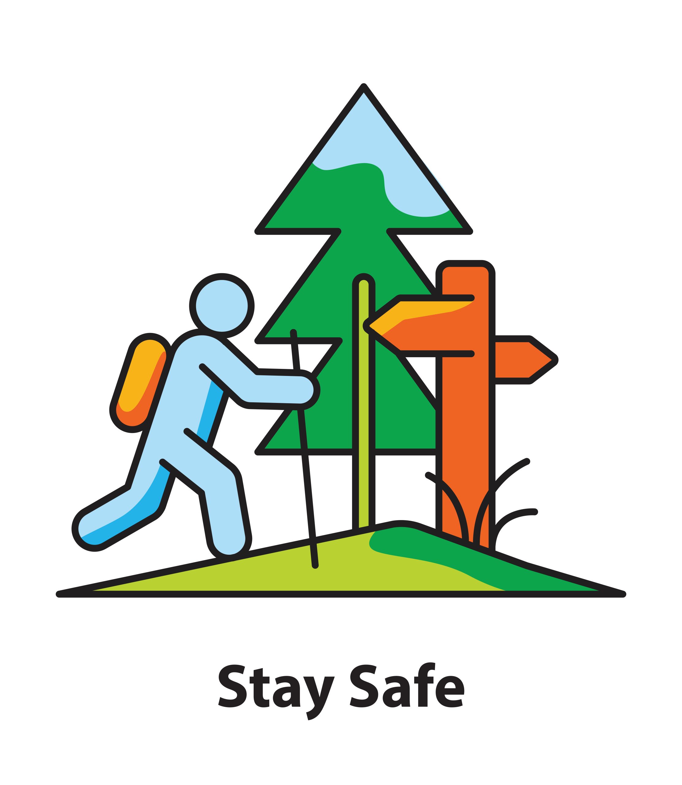 Illustration of a hiker with a backpack near a signpost and tree, with text Stay Safe.