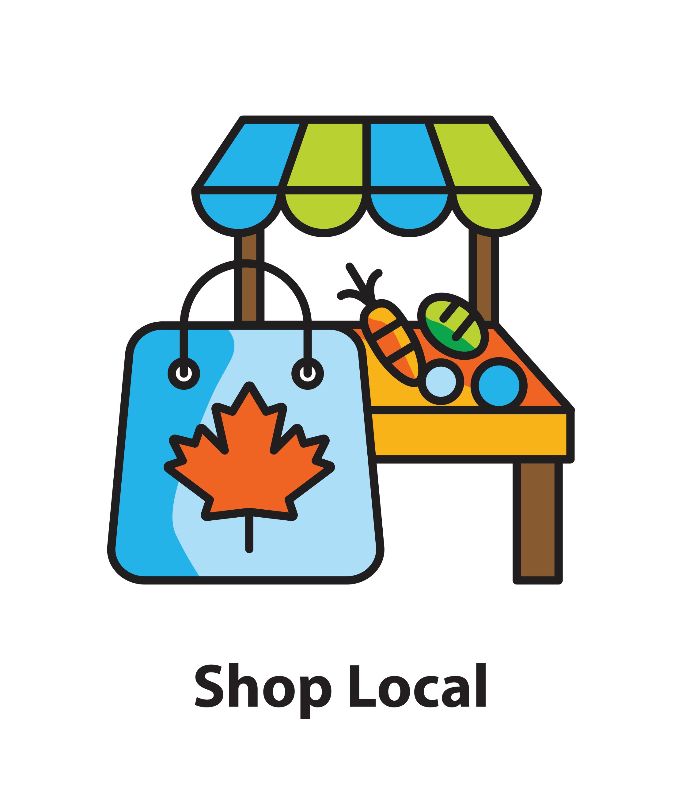 Illustration of a market stand with produce and a shopping bag featuring a maple leaf.