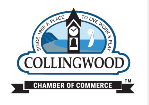 Collingwood Chamber of Commerce logo with clock tower, bay, and sailboat illustration.