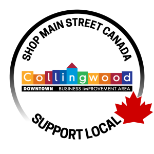 Collingwood Downtown logo with Shop Main Street Canada and Support Local text and a red maple leaf.